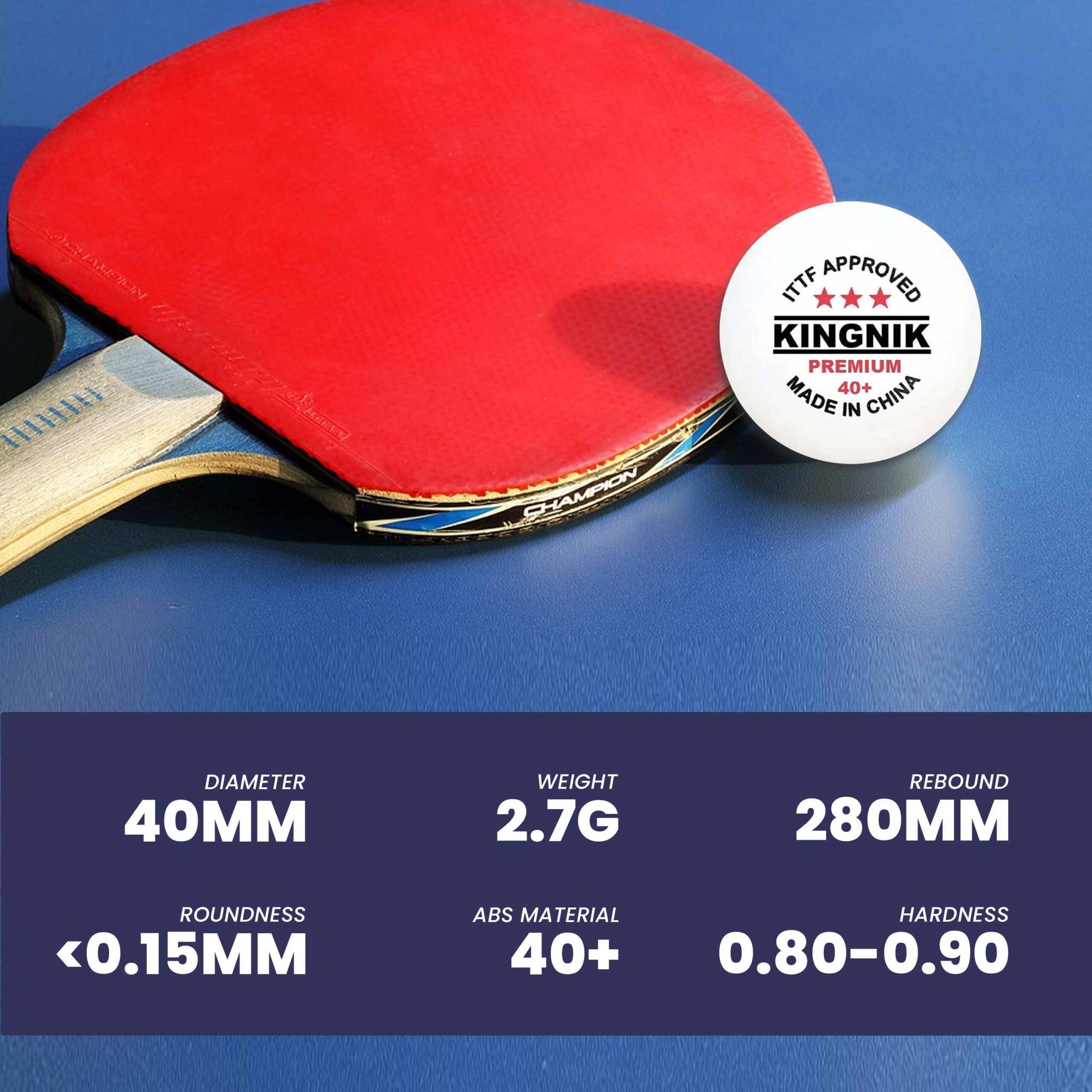 "Pelotas Kingnik Premium 40+, certificadas por la ITTF para competiciones de alto nivel."